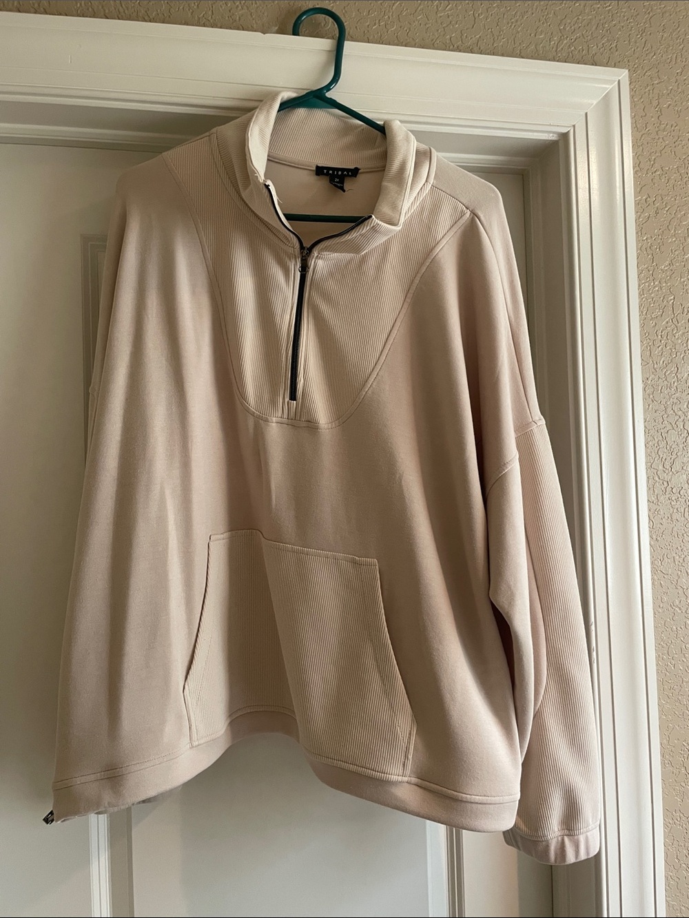 Tribal Light Beige Half-Zip Pullover Sweatshirt